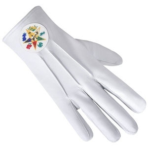 Luxury OES White Leather Regalia <b>Gloves</b> with Round White Floral Emblem - Product Image 2