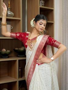Sari de Seda Litchi Premium con Patrón Banarasi, Bicolor, Ropa Étnica para Mujer, Borde Zari Tradicional, Protección Solar, Secado Rápido, Estilo Indio - Product Image 4