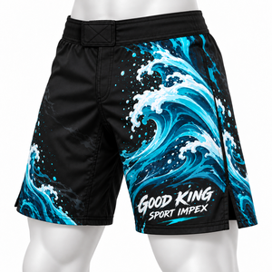Shorts Tidal Wave Noir Teal Foam Splash Illustration Crested Swell Asymmetric Layout Cross Stitch Tab Slit Cuff Gents Activewear - Product Image 2