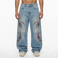 Trend 13 Oz Taşlanmış Kot Pantolon Erkek Vintage Solmuş Ağır Sokak Giyim Tarzı İşlemeli Büyük Beden Bol Özel Düz Renk Baharlık