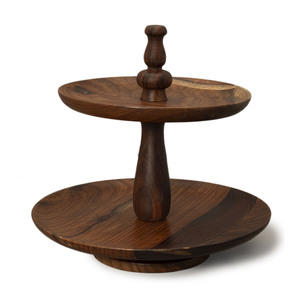 Rustic Wooden Two-Tier <b>Cake</b> <b>Stand</b> Crafted With Natural Dark Wood Grain Turned Central Spindle Pillar Handle For Serving & Decor - Product Image 2