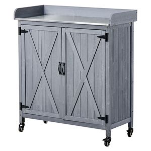 Tavolo da Giardinaggio per Esterni con Armadietto in Legno, Piano in Ferro Zincato 36 X 16, Postazione di Lavoro per Giardinaggio - Product Image 1