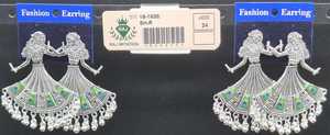 Boucles d'oreilles statement en argent oxydé indien, motif Radha Krishna Dandiya Garba Dancer, émail paon, bijoux Ghungroo, vente en gros - Product Image 3