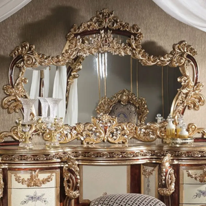 Table de toilette royale de style baroque de luxe en acajou sculpté à la main, finition dorée, avec miroir, idéale pour chambre à coucher, villa ou complexe hôtelier - Product Image 4