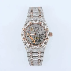 Montre squelette de luxe en quartz, boîtier en acier inoxydable 30 mm, accents or rose, lunette sertie de diamants, bracelet 20 mm, verre résistant à l'eau, unisexe - Product Image 4