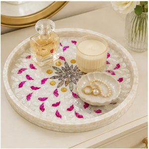 Luxury <b>Round</b> Mother of Pearl Inlay <b>Tray</b> Wholesale Multicolor Floral Shell Mosaic Decorative Serving <b>Tray</b> for Coffee <b>Table</b> - Product Image 2