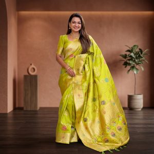 Sari Tradicional de Seda Verde Lima con Blusa para Mujer, Estilo India-Pakistán, para Bodas y Ocasiones Especiales - Product Image 3