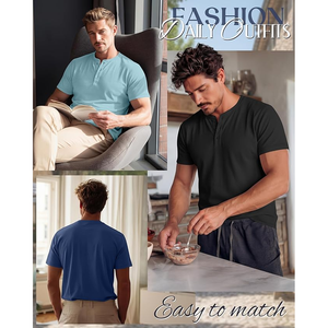 Men's Short Sleeve <b>Henley</b> T-Shirt Solid Color Knitted Casual Regular Fit V-Neck <b>Top</b> - Product Image 5