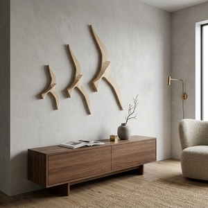 Ensemble de 3 sculptures murales en bois sculpté 3D d'oiseaux, style minimaliste, en forme de mouettes volantes, pour salon et entrée - Product Image 4