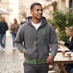Sudadera con capucha gris para hombre, con cremallera, forro polar, ribete verde y logotipo bordado, bolsillo frontal, estilo casual para otoño - Product Image 5