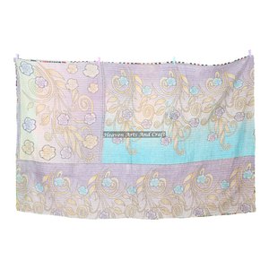 Indian Handmade Floral Print Kantha Bedspread Bedding Blanket Indian Reversible Hand Stitched Heavy <b>Throw</b> Old Sari Blanket Patch - Product Image 6