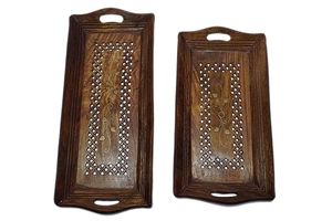 Handmade <b>Rustic</b> Acacia Wood Decorative Serving Tray with Plant Pattern Engraved Platter Rectangular Fruit Display for Home - Product Image 1