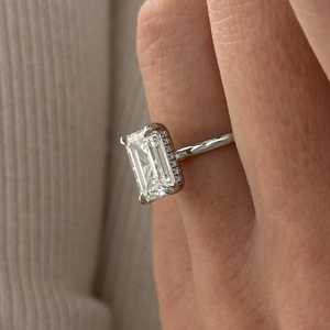 3 Carat <b>Emerald</b> Cut Lab Grown Diamond Hidden Halo <b>Ring</b> , Thin 1.5MM <b>Band</b> 3ct Diamond Proposal <b>Ring</b> , IGI Certified - Product Image 3