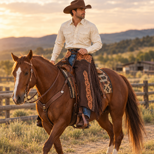 Floral Tooled Western Chinks | Genuine Leather <b>Cowboy</b> Riding <b>Chaps</b> Studded Fringe Ranch Rodeo Equestrian Horse Riding Tack Gear - Product Image 4