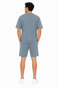 Conjunto de Camiseta y Pantalones Cortos Oversize Azul Polvoriento para Hombre, 100% Algodón Terry, Ropa Casual de Verano, Transpirable, Tejido de Punto, Ecológico - Product Image 3