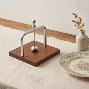 Wooden <b>Napkin</b> Holder Featuring A Brushed <b>Silver</b> Arch Frame Weighted Rod And Finial For Modern Kitchen & Dining Table Decoration - Product Image 2