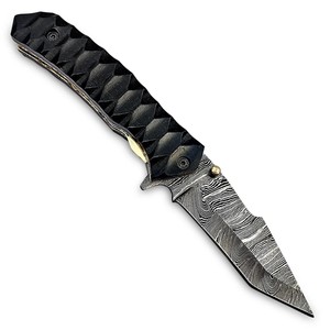 Couteau pliant tactique en acier Damas avec manche en Micarta et étui, personnalisable OEM/ODM - Couteau de chasse Tanto EDC de poche - Product Image 2