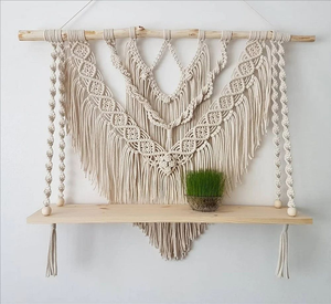 White Cotton Rope Boho Macrame Wall Hanging <b>Shelf</b> with <b>Pine</b> Wood Triangle Shape Decorative Hanging <b>Shelf</b> for Home Decor - Product Image 1
