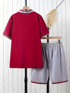 Stylish Boys' Spring and Summer Casual Short-Sleeve TEE and Shorts Set with Exquisite Button and Bow Tie Jersey Material - Product Image 4