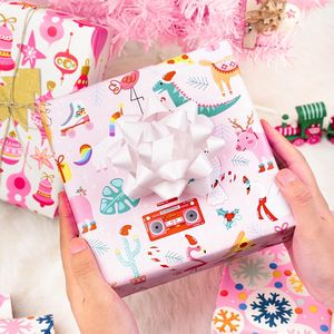 <b>Pink</b> Christmas Wrapping Paper Mini Roll 17in X 120ft Featuring White Snowfakes & Unicorns Bell Xmas Gift <b>Wrap</b> Retractable Ribbon - Product Image 3