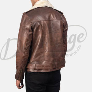 Chaqueta de Motociclista de Cuero Marrón para Hombre con Cuello de Piel de Oveja Blanca, Chaqueta de Motociclista Ajustada de Piel de Oveja Real con Cinturón para Invierno - Product Image 2