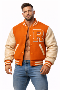 Blouson Bomber Unisexe Personnalisable Lettre « R » – Style Letterman Orange & Crème avec Patch Chenille pour Équipes et Marques - Product Image 3