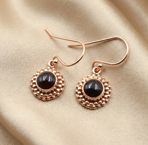Elegant Round Garnet Gemstone <b>Silver</b> Drop Earrings Handcrafted Bali Style <b>Beaded</b> Design Natural DeepRed Garnet Studs Jewelry her - Product Image 2