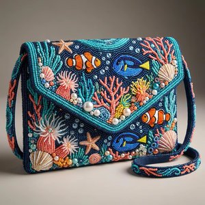 Bolso de Hombro Bohemio de Lujo con Cuentas Hechas a Mano |   Bolso de Viaje para Mujer con Diseño de Olas Oceánicas, de Poliéster, con Correa Única y Cierre de Gancho y Bucle - Product Image 3