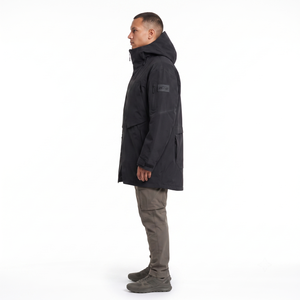 Veste technique imperméable pour homme, sur mesure OEM, 3L, coupe asymétrique 3/4, style trench-coat, noir mat, fermeture éclair, coupe-vent - Product Image 3