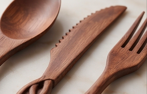Juego de cubiertos de madera moderno con mangos trenzados clásicos para cocinar, servir, usar en la cocina del hogar y para las comidas familiares diarias. - Product Image 2