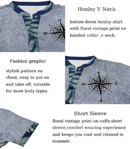 Men's Polyester/Cotton <b>Turtleneck</b> Short Sleeve Garment Dyed Woven T-Shirt with Geometric Print Contrast Trim Casual Top - Product Image 5