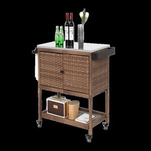 Carrello Bar da Esterno in Vimini con Ruote, Tavolo Bar Rotante in Rattan con Piano in Vetro, Arredamento per Veranda e Patio per Servire il Vino - Product Image 4