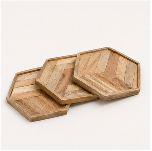 Handcrafted Hexagonal Mango Wood Coaster <b>Set</b> Of 4 Sustainable 3-Tone Chevron Pattern <b>Tea</b> & Coffee <b>Cup</b> Mats For Modern Home Mats - Product Image 1