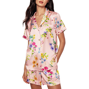 Conjunto de 2 Piezas de Satén Ligero para Mujer, Pantalones Cortos y Camiseta de Manga Corta con Cuello Camisero y Botones, Ropa de Dormir Informal para Primavera/Verano - Product Image 1