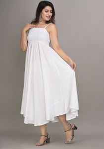 Trendy White Smocked <b>Off</b>-<b>the</b>-<b>Shoulder</b> Knee-Length Woven Rayon <b>Casual</b> <b>Dress</b> Women Natural Waist A-Line Silhouette Handmade - Product Image 4