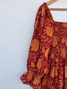 100% Cotton Square Collar Floral Hand Block Print A-Line Maxi <b>Dress</b> <b>Ruffle</b> Sleeves Boho Party Wear for Holiday Celebrations - Product Image 3