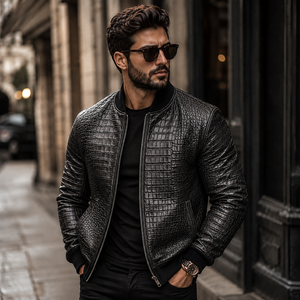 LEATHER SPOT <b>Men's</b> for Embossed Leather <b>Bomber</b> <b>Jacket</b> Biker Style Vintage Slim Fit <b>Summer</b> Motorcycle Windproof Breathable - Product Image 5