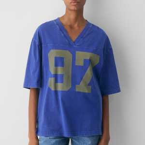 Women's Blue Vintage Acid Wash 100% Cotton Summer Casual Plus Size Knitted T-Shirt Embroidery Breathable & Eco-Friendly V-neck T - Product Image 1