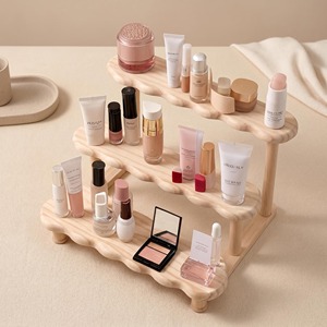 <b>Wooden</b> Tiered Display Stand For Makeup Storage Minimalist Design Stackable <b>Table</b> <b>Top</b> Organizer Natural Finished From India - Product Image 4