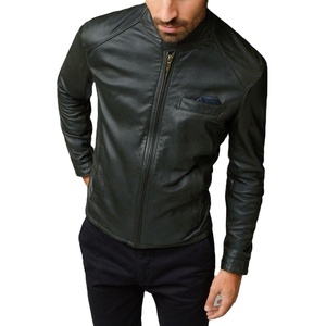 Men's Regular Length Standard Black Genuine Leather Jacket Asymmetrical Zipper Closure Sherpa Lining <b>Fur</b> <b>Trim</b> Stand Collar - Product Image 2