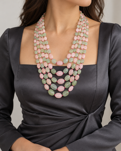 สร้อยคอประดับด้วยลูกปัดรูปไข่จากมอร์แกไนต์ธรรมชาติและอะความารีน - Product Image 2