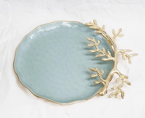 Handmade Wood <b>Light</b> Blue Enamel Cake Stand Round Shape Gold Branch Design Dishwasher Safe - Product Image 1
