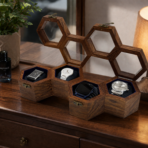 Luxury Honeycomb Wooden Watch Box for 4 Watches | Indian Rosewood <b>Display</b> <b>Case</b> Organizer | Hexagon Design Premium Storage Gift - Product Image 3