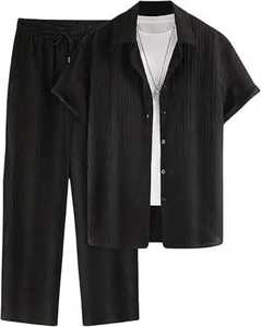 Men Summer 2 Piece Set Short Sleeve Button Shirt Drawstring <b>Pants</b> Pleated Lounge Outfit Turn <b>Down</b> Collar Elastic Waist - Product Image 5