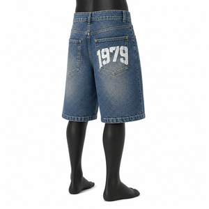 Shorts en jean pour homme de qualité supérieure avec imprimé 1979, taille mi-haute, style décontracté, en toile, avec fermeture boutonnée et poches - Product Image 3