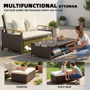 Lettino da Esterno Regolabile in Rattan con Schienale a 4 Livelli, Braccioli in Legno di Acacia, Divano Letto Beige da Patio con Pouf Contenitore - Product Image 3