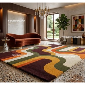 Tapis géométrique rétro en laine tuftée à la main, grand format, orange, vert olive, moutarde, bordeaux, à poils ras, pour salon moderne - Product Image 6