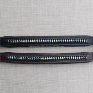 Made in India Handmade Empty Channel Leather Horse Brow Band Durable Edge <b>Stitching</b> & Padding With1row of Green <b>Crystals</b> Bling - Product Image 4