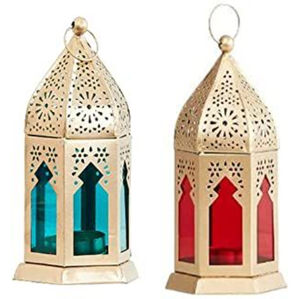 Juego de 2 faroles de vela hechos a mano con paneles de vidrio coloridos para decoración de interiores y patios de jardín. - Product Image 1