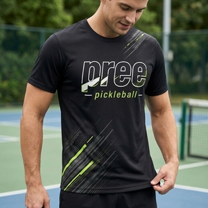 T-shirt de pickleball personnalisé pour homme, coupe classique, col rond, manches raglan, jersey en coton tissé, haute extensibilité, motif imprimé numérique avec lettres - Product Image 1